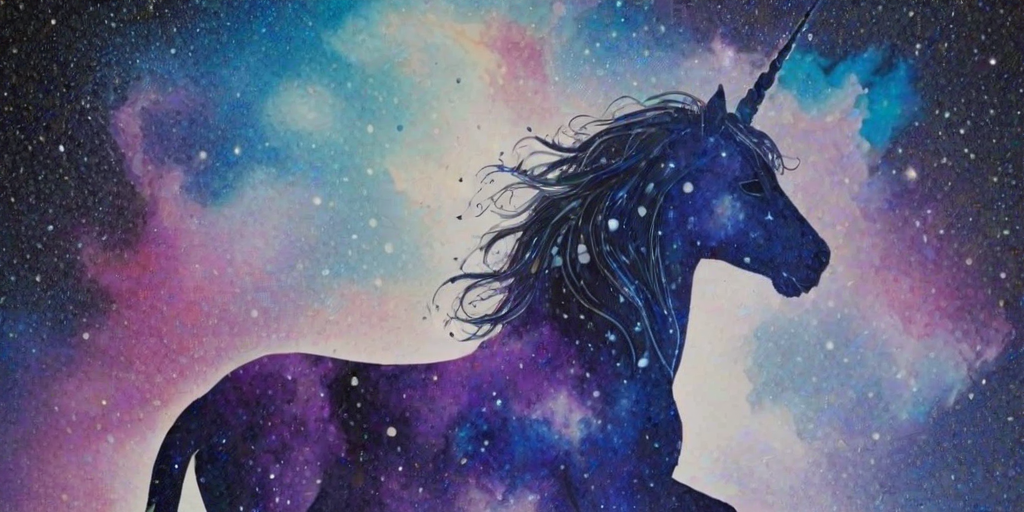 Captivating conceptual render alcohol ink art, double exposure, the paint strokes artfully merge combining a woman's full silhouette with a Unique unicorn's silhouette. The figures are composed of a series of colored dots, lines & spots that evoke the image of a cosmic galaxy, colors are deep shades of blue purple & black with flashes of white & silver representing distant stars. The woman's silhouette is formed within the lion's silhouette from constellations of scattered stars, surreal