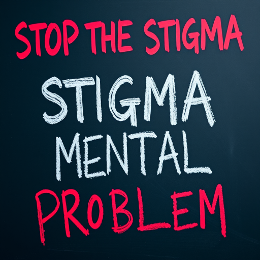 Create an image of a chalkboard displaying the message "STOP THE STIGMA" in bold red letters above "MENTAL-HEALTH" with "PROBLEM" crossed out in white chalk, captured with a DSLR camera using a 50mm lens at f/1.8, ISO 200, and a shallow depth of field for a soft background blur, with a slight overhead angle for emphasis.