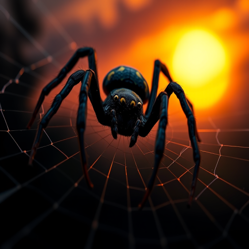 create a highly detailed and vivid illustration of a menacing black spider with glowing yellow eyes, perched on its intricately woven web against a dramatic sunset background, using a DSLR camera with a 50mm lens, aperture f/2.8, ISO 100, and a low-angle perspective for depth and impact