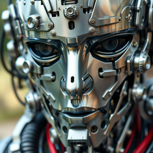Create a highly detailed close-up of a futuristic robotic face composed of metallic textures, intricate gears, and circuits, using a DSLR camera with a 50mm lens, aperture f/1.8, ISO 100, and a shallow depth of field to emphasize the details and depth, capturing in natural light to enhance metallic reflections.