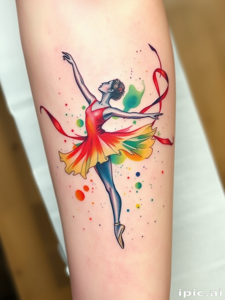 Ethereal watercolor tattoo depicting a graceful ballet dancer in motion, with flowing ribbons and abstract splashes of color creating a sense of movement and elegance