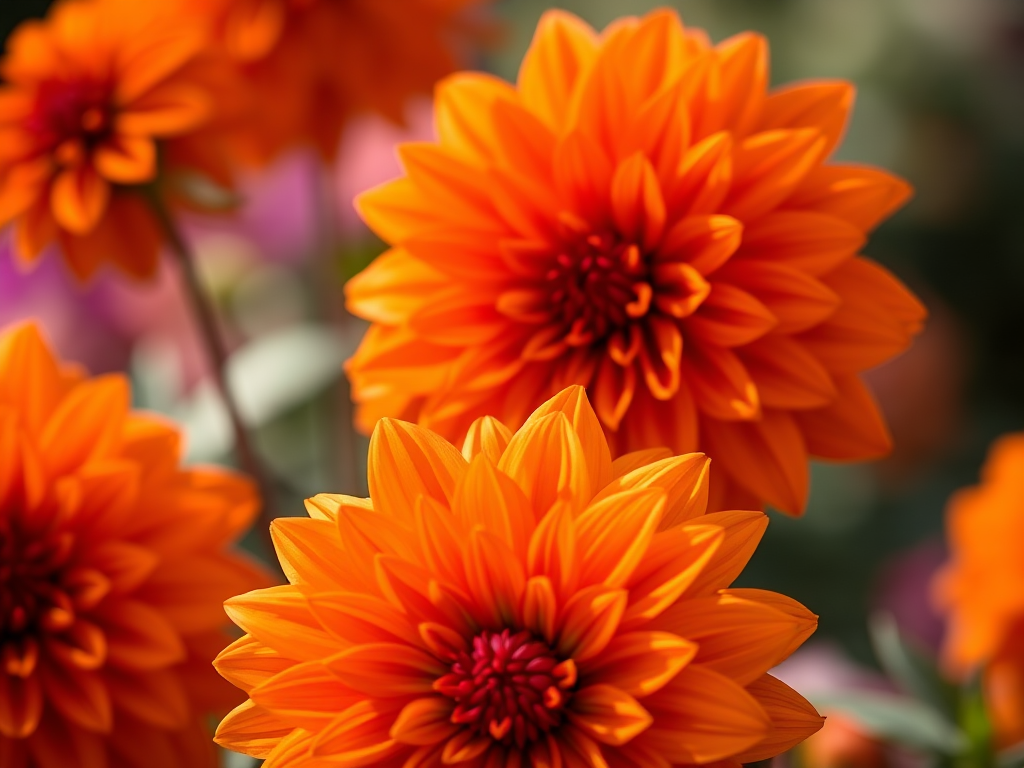 Capture a close-up shot of vibrant orange dahlias with soft focus background, using a DSLR camera at f/2.8, 50mm lens, ISO 100, natural light, and a shallow depth of field to highlight the flower textures.