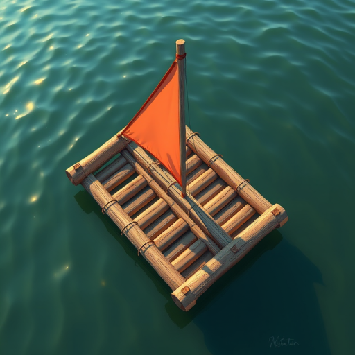 Create a high-resolution illustration of a simple raft made of wooden logs with a small triangular sail, captured from a top-down view using a DSLR camera with a 50mm lens at f/2.8, focusing on vibrant colors and clear details.