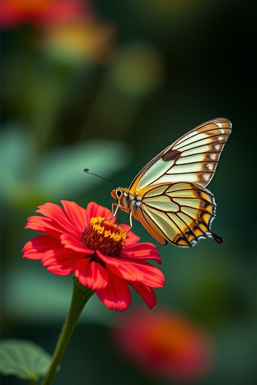 Capture a close-up of a butterfly perched on a vibrant flower with a shallow depth of field, using a DSLR camera, 85mm lens, f/2.8 aperture, ISO 200, shutter speed 1/500s, natural lighting, and a bokeh background.