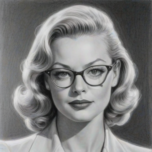 Appealing Charlotte Ross, pencil sketch, portrait of Resplendent woman 1939s in glasses, hair style beatnik, outline, clear lines, fine lines, 8k