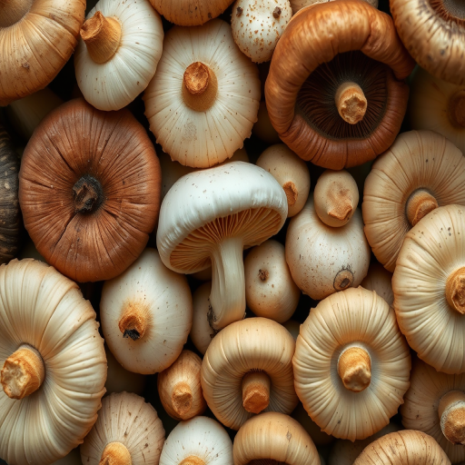 Regenerate an image of various mushrooms arranged neatly, captured with a DSLR camera at f/2.8 aperture, ISO 100, 50mm lens, natural lighting, overhead view, focus on texture and detail.