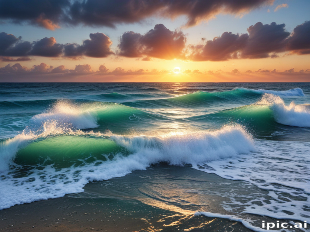 Majestic Sunset Over the Ocean with Waves Crashing on the Shore