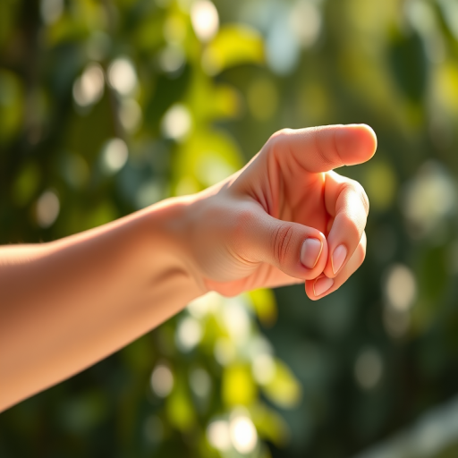 Regenerate a high-resolution illustration of a right hand pointing, captured with a Canon EOS R5 camera at f/8 aperture, ISO 100, 50mm lens, in natural light with a shallow depth of field to enhance the clarity and detail of the hand.