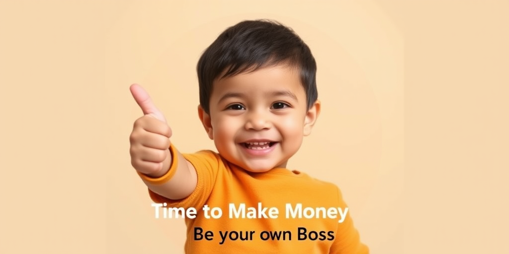 create an image of a happy toddler giving a thumbs up with a neutral background, circular frame around the child, text at the bottom saying "Time to Make Money" and "Be your own Boss," using a DSLR camera with a 50mm lens, f/1.8 aperture, ISO 200, 1/200 sec shutter speed, close-up view, soft lighting style