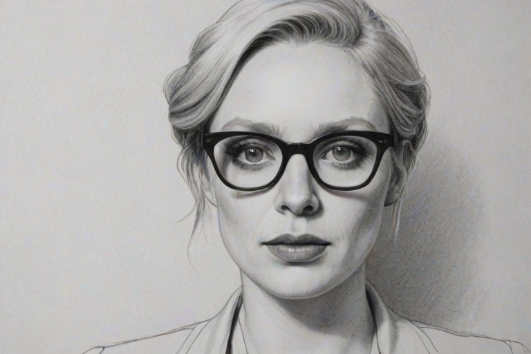 Pleasing Gwendoline Christie, pencil sketch, portrait of Resplendent woman 1968s in glasses, hair style beatnik, outline, clear lines, fine lines, 8k