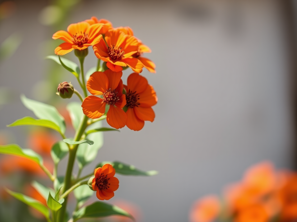 Generate a high-resolution illustration of a stylized flower plant with orange circular blooms and green leaves, photographed in natural light with a DSLR camera at f/4, 1/250s shutter speed, ISO 100, capturing a sharp focus on the flower details against a blurred background.