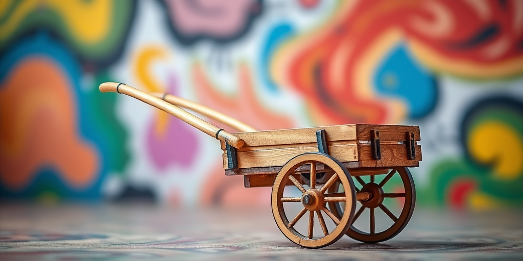 Create a high-resolution image of a wooden cart with a long handle and four wheels, set against a blurred colorful background, using a DSLR camera, aperture f/4, shutter speed 1/250s, ISO 100, with a focus on the cart in a clear, well-lit environment.