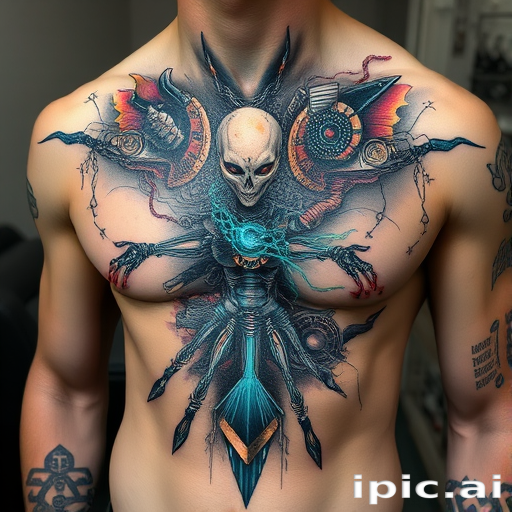 Biomechanical tattoo called "Cybernetic Symphony" blending organic forms with mechanical elements, creating the illusion of exposed robotic parts beneath torn skin, incorporating circuit board patterns and glowing energy lines, ideal for shoulder, chest, or thigh placement