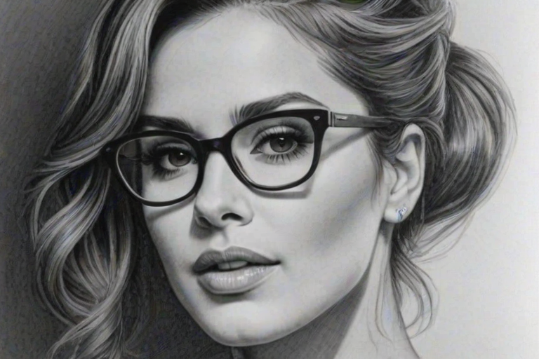 Alluring Cheryl Cole, pencil sketch, portrait of Sublime woman 1937s in glasses, hair style beatnik, outline, clear lines, fine lines, 8k