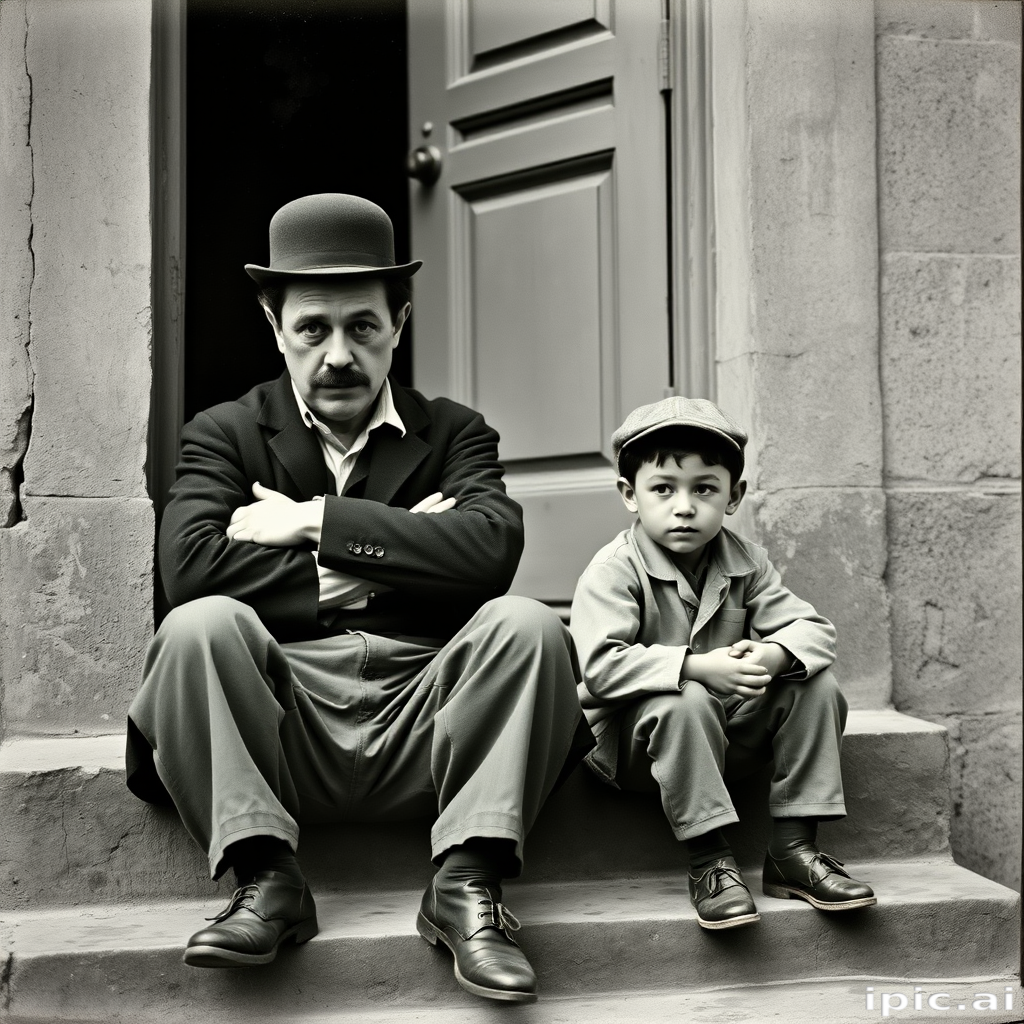 A black-and-white photograph of a man and a child sitting on steps in front of a doorway. The man is dressed as a tramp with a bowler hat, mustache, and ragged clothes, reminiscent of Charlie Chaplin's iconic look. He is sitting with his arms crossed and an expression of slight sadness or frustration. Next to him is a young boy, also in worn clothes and a cap, sitting with his hands clasped, looking thoughtful. The background is an old, textured wall and a partially open door, creating a vintage, early 20th-century atmosphere.