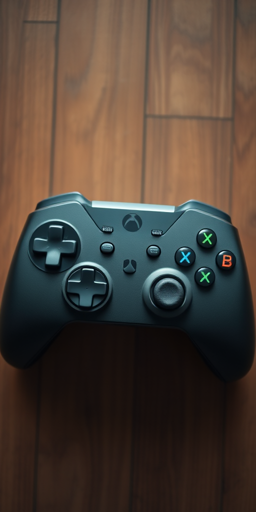 Create a high-resolution image of a game controller from a top-down view, using a DSLR camera with a 50mm lens, aperture set to f/2.8, ISO 100, and natural lighting to enhance details and colors.