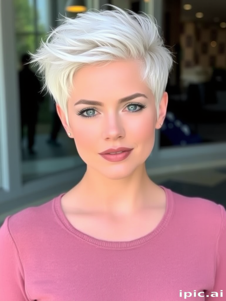 Icy platinum blonde pixie cut with textured layers and a swept-back quiff, exuding confidence and sophistication in the chic "Frost Queen" style