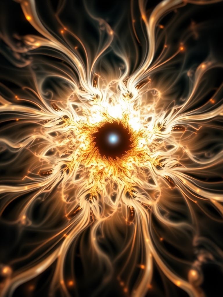 Create an abstract fractal image with glowing tendrils and a central luminescent core, captured with a DSLR camera at f/2.8, ISO 100, 30-second exposure, wide-angle lens, and low-angle view to enhance depth and detail.