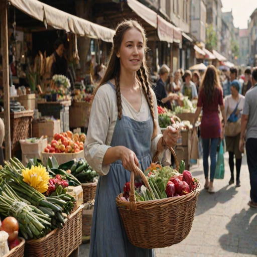 Bustling urban street market, with vendors selling fresh produce and handmade goods, a woman with long braided hair haggles over the price of flowers, her wicker basket already filled with purchases.