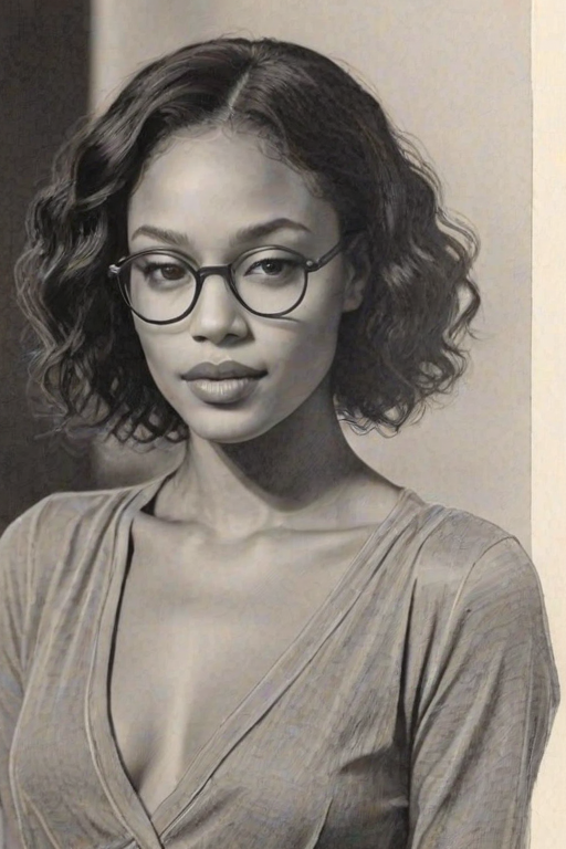 Enchanting Kylie Bunbury, pencil sketch, portrait of Magnificent woman 1927s in glasses, hair style beatnik, outline, clear lines, fine lines, 8k