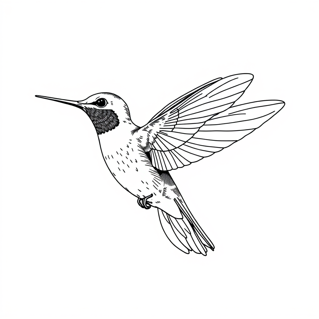 Create a detailed illustration of a hummingbird in flight with intricate linework on a white background, shot with a Canon EOS R5, 85mm lens, f/8 aperture, 1/250s shutter speed, and natural lighting to highlight the delicate feathers and dynamic pose.