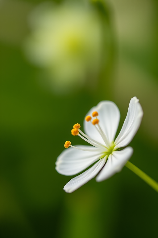 macro shot of a single white flower with yellow stamens on a blurred green background, aperture f/2.8, shutter speed 1/200s, ISO 100, taken with a DSLR camera using a 50mm macro lens, soft natural lighting