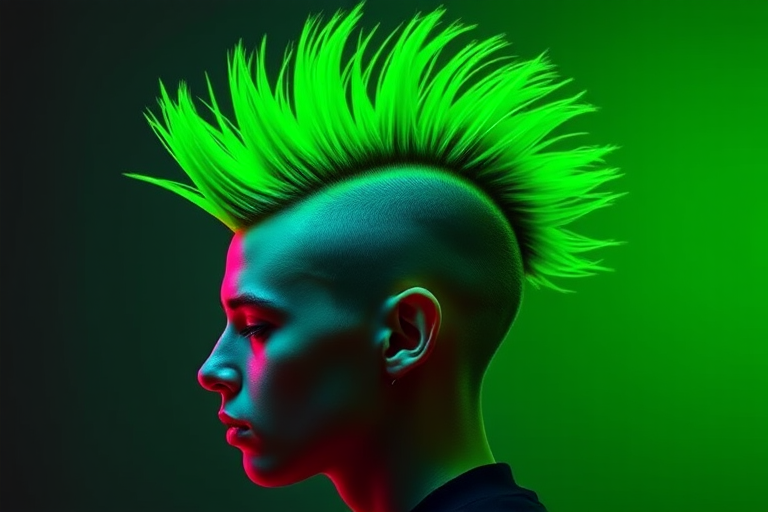Edgy neon green mohawk christened "Toxic Surge" standing tall with razor-sharp edges, fading into darker emerald roots and accented with UV-reactive hair dye