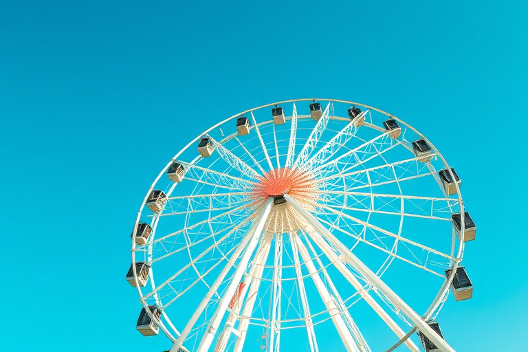Capture a vibrant image of a large white Ferris wheel against a clear blue sky, using a DSLR camera with a 35mm lens, aperture set to f/8 for sharpness, ISO 100 for high image quality, and a shutter speed of 1/250s to freeze motion, from a low angle perspective to emphasize the height and structure.