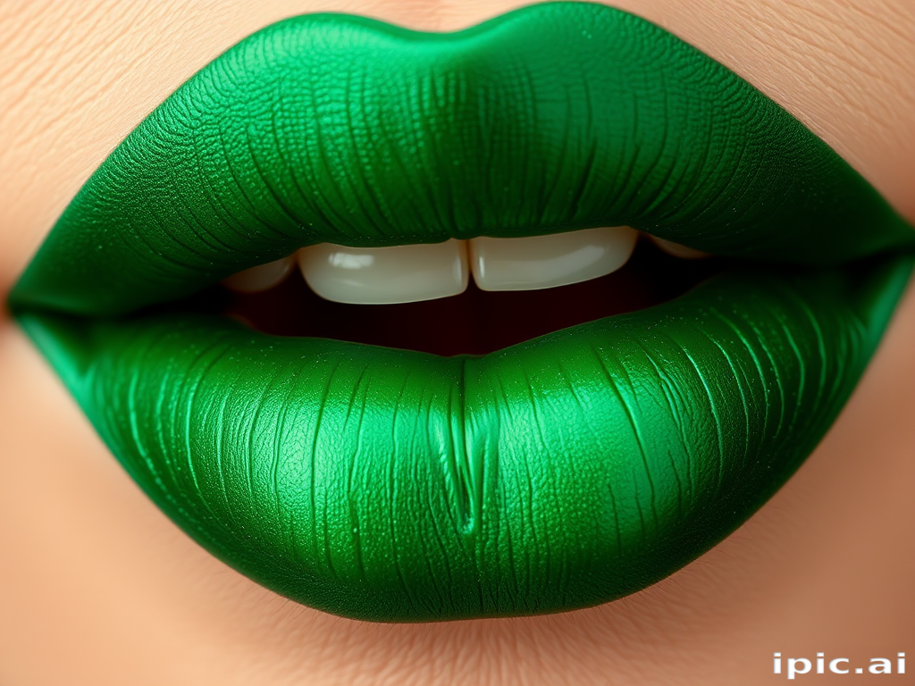 Opulent emerald green lips with a satin sheen, regal and luxurious, inspired by precious gemstones and tropical flora
