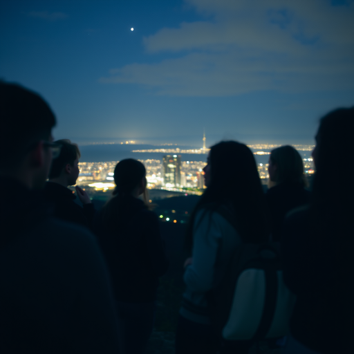 Blurry, candid shot of a group of teenagers stargazing on a hilltop at night, distant city lights twinkling below, the soft glow of a flashlight illuminating their faces, and the quiet sound of whispered conversations filling the air.