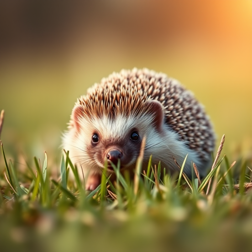 hedgehog in a grassy field, shallow depth of field, 50mm lens, f/2.8 aperture, ISO 200, natural lighting, close-up view, DSLR camera, soft focus background