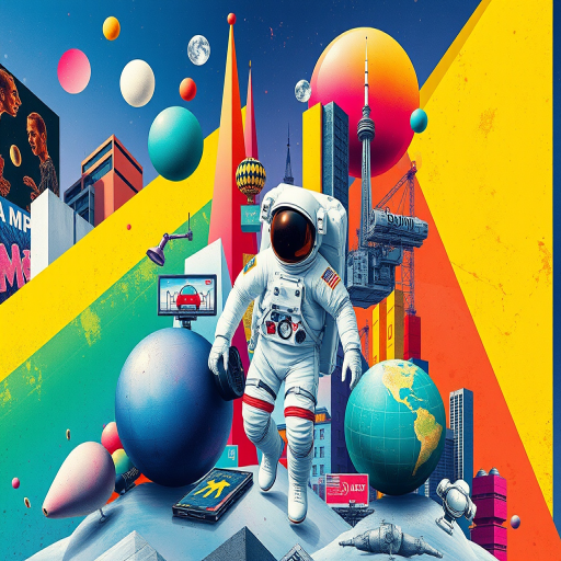 Create a vibrant and colorful digital collage featuring an astronaut among abstract shapes and urban elements, using a high-resolution camera at 50mm focal length, f/2.8 aperture, ISO 100, in a wide-angle view, with a modern DSLR camera style.