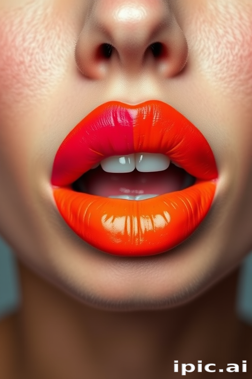 Striking two-toned lips with contrasting shades of fuchsia and orange, creating a bold and unique look that demands attention