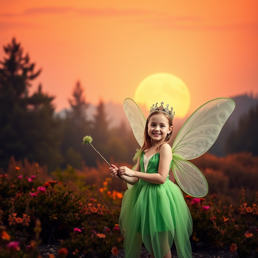 A vivid photo  taken under a bright camera flash of a fantastical scene set against a backdrop of a forest during sunset. The main subject is a girl dressed as a fairy, adorned with translucent wings and a green dress, holding a wand, her face is happy, and she wears a crown on her head. The forest behind her is a blend of flowers, shrubs and trees. The sky is painted in hues of orange and pink, with a large, glowing moon casting a warm glow over the scene. The overall color palette is dominated by earthy tones.
