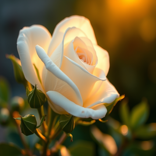 A close-up of a white rose with soft petals surrounded by green buds, captured in natural light at golden hour, using a DSLR camera with a 50mm lens, aperture set to f/1.8, ISO 100, and a shallow depth of field for a blurred background effect.