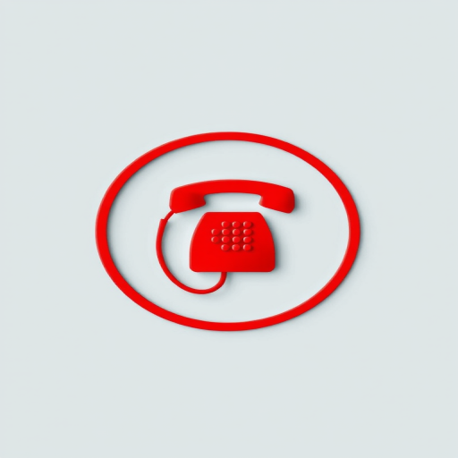 Create a high-resolution vector image of a red telephone icon within a circular border, using a DSLR camera at f/5.6, ISO 100, and a 50mm lens, in a flat lay perspective with soft, even lighting.