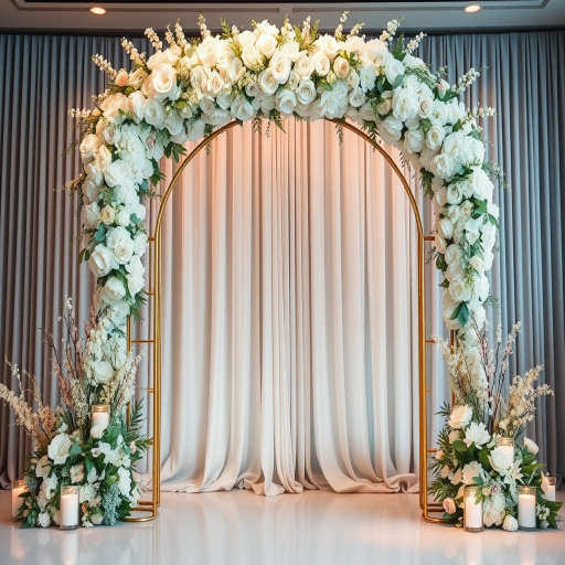 create a luxurious floral stage setup with a gold arch adorned with white and pastel blooms, soft draped fabric in shades of blue and gray, warm ambient lighting, captured with a DSLR camera at f/2.8 aperture, 50mm lens, natural light, shallow depth of field for a dreamy effect