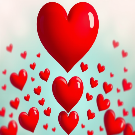Create a vibrant illustration of a large red heart surrounded by smaller hearts, using a soft-focus background to enhance the foreground, camera settings f/8, shutter speed 1/125, ISO 100, camera view from above, camera style minimalist, camera type digital SLR.