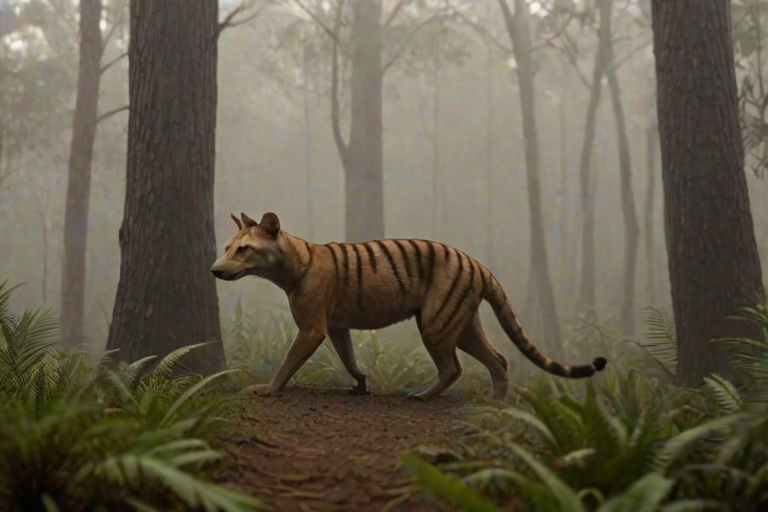 A Thylacine walking through a fog shrouded forest.