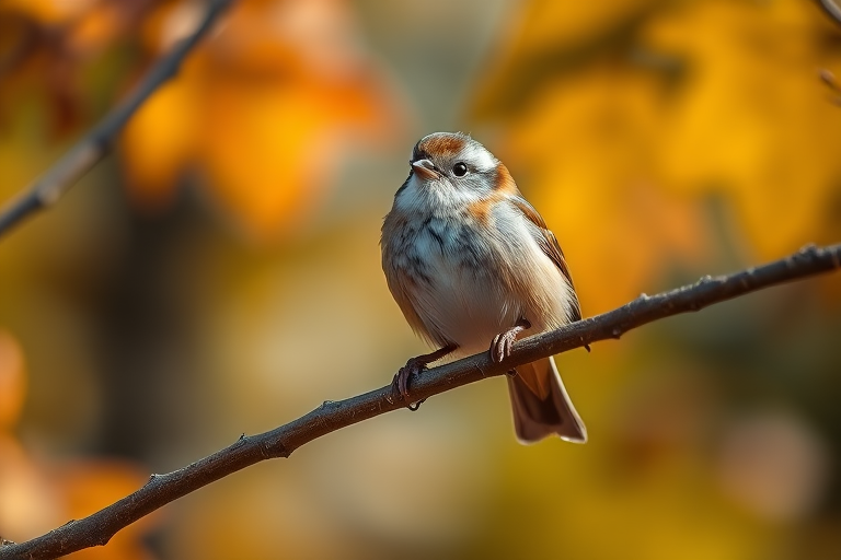 A clear close-up of a small bird perched on a tree branch, with autumn foliage in the background, shot with a Canon EOS R5, 100mm lens, f/2.8 aperture, ISO 400, 1/200s shutter speed, in natural light, with a shallow depth of field to enhance detail and color vibrancy.