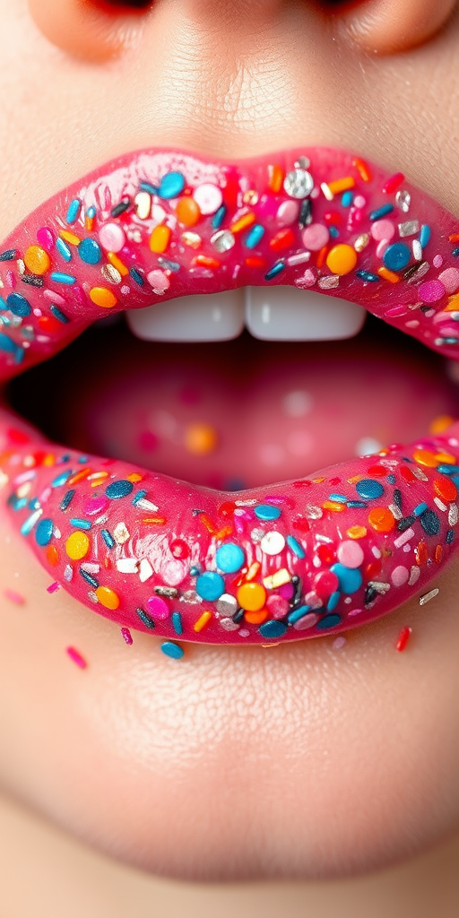 Playful confetti lips adorned with tiny multicolored specks on a clear gloss base, creating a festive and joyful appearance