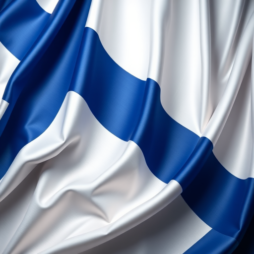 Create a high-resolution image of the Finnish flag draped and flowing, utilizing a DSLR camera with a 50mm lens, aperture set at f/1.8, ISO 100, shooting from a 45-degree angle to capture the texture and sheen of the fabric.