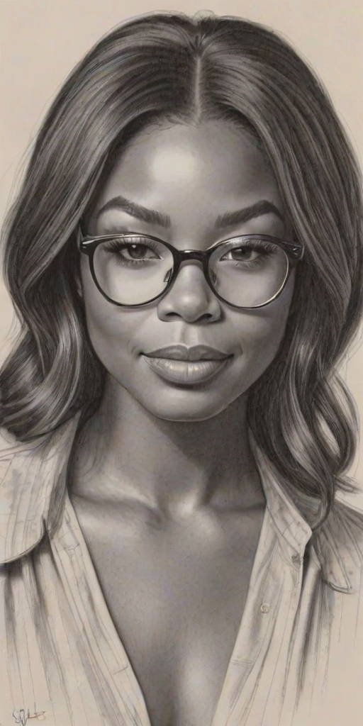 Appealing Gabrielle Union, pencil sketch, portrait of Beauteous woman 1976s in glasses, hair style beatnik, outline, clear lines, fine lines, 8k