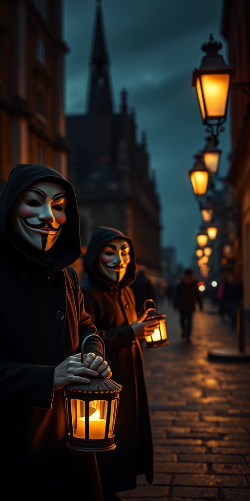 Create a high-resolution image of a dark, atmospheric street scene featuring masked figures wearing Guy Fawkes masks, holding lanterns, illuminated by street lamps, with gothic architecture in the background, captured using a DSLR camera with a 50mm lens, aperture set to f/1.8, ISO 200, at dusk for a moody effect.