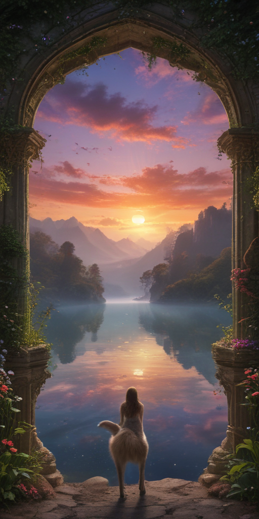 Enchanting Sunset View Through an Ancient Archway Overlooking Serene Waters