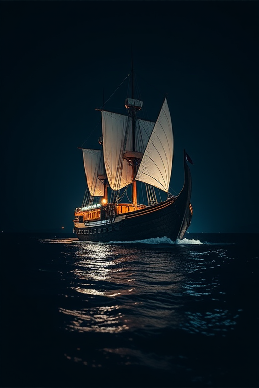 A Viking ship sailing through dark waters at night, illuminated by ambient lighting, captured with a Canon EOS R5, 24mm lens, f/2.8, ISO 800, long exposure for motion blur, low-angle shot for dramatic effect.