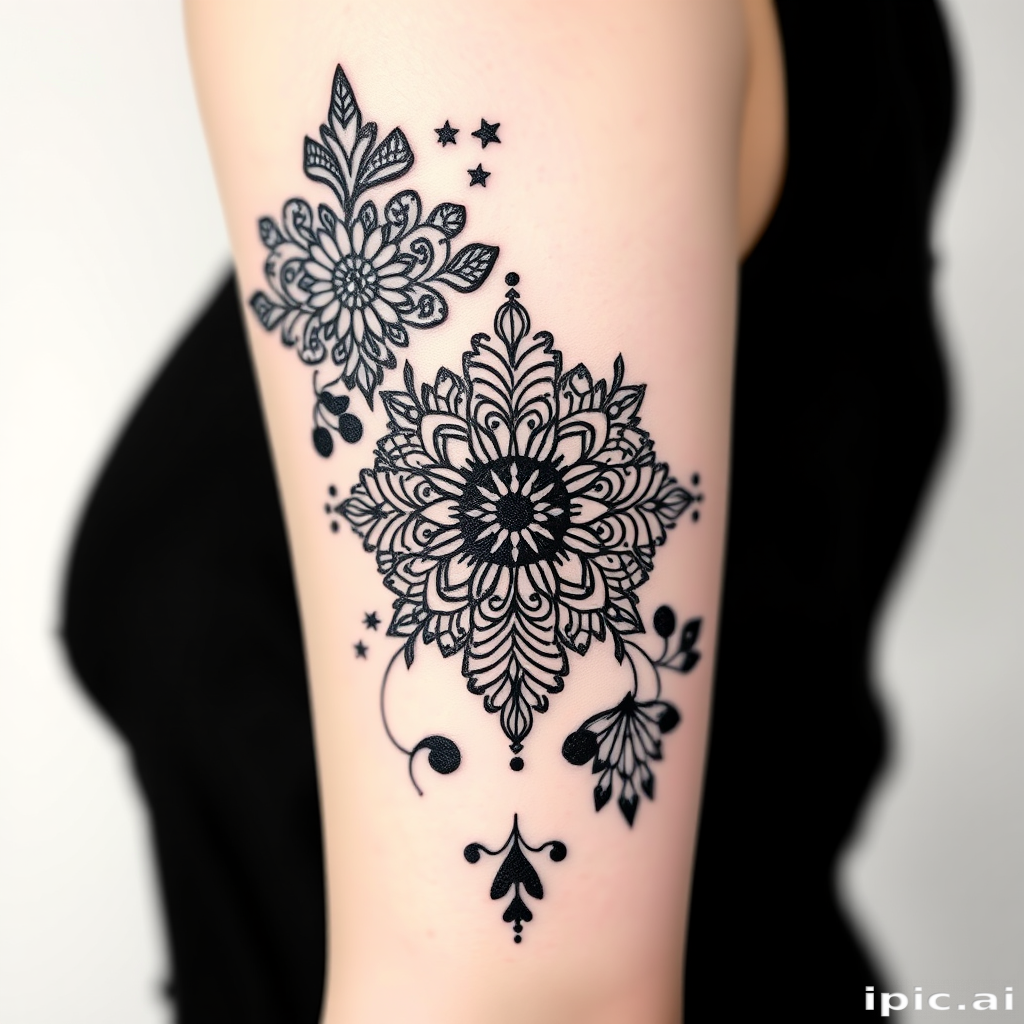 Ornamental blackwork tattoo named "Lace Elegance" showcasing intricate patterns and motifs inspired by delicate lace designs creating a feminine and sophisticated look with bold black ink