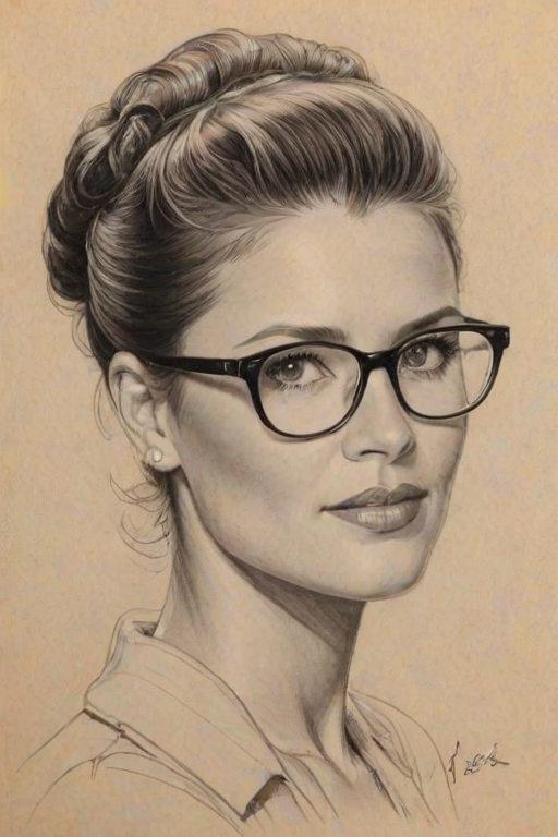 Ravishing Sarah Lancaster, pencil sketch, portrait of Superb woman 1941s in glasses, hair style beatnik, outline, clear lines, fine lines, 8k