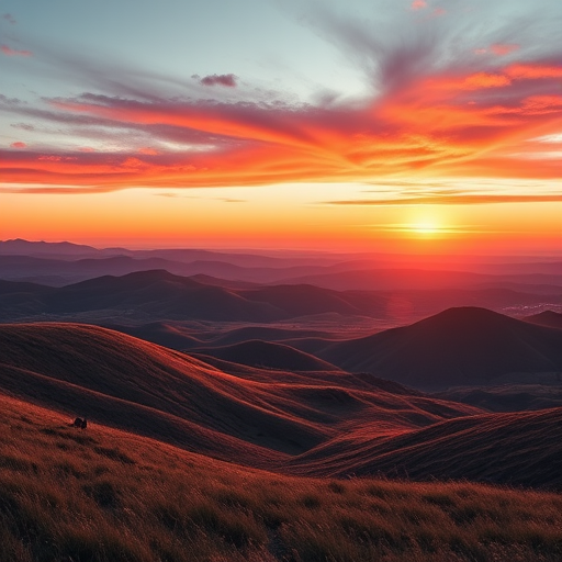 Create a high-resolution image of a stylized landscape featuring rolling hills and a vibrant sunset, shot with a DSLR camera at f/8 aperture, ISO 100, 50mm lens, in a wide-angle view, with vibrant colors and sharp details.