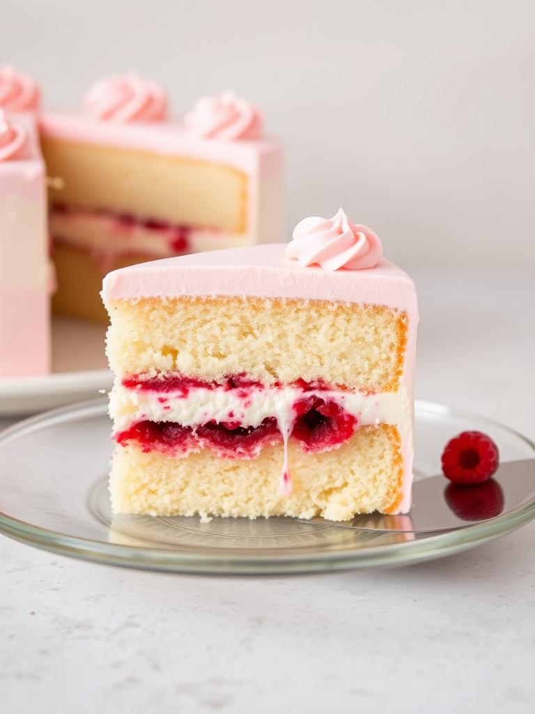 A slice of layered vanilla cake with pink frosting on top and raspberry filling in the middle placed on a clear glass plate with a metal cake server beside it. The background is softly blurred and neutral in color.